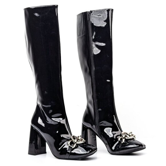 Jeffrey Campbell Women Patt Black Vegan Patent Chain Link fashion Knee Boots 8.5 - Picture 1 of 9